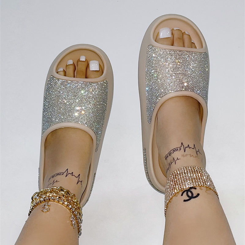 Rhinestone Peep Toe Slides