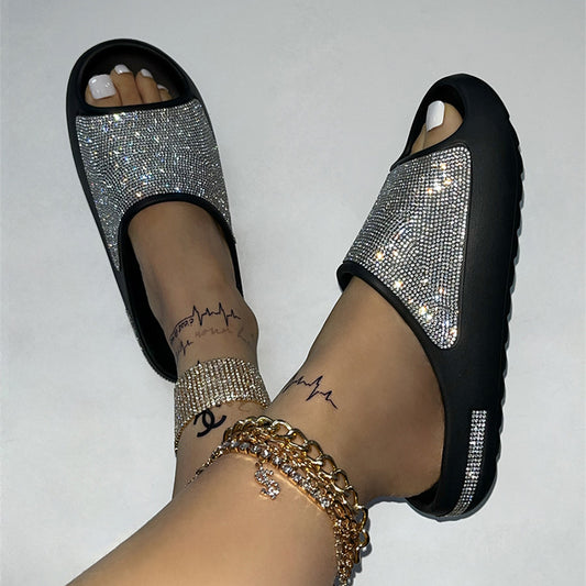 Rhinestone Peep Toe Slides