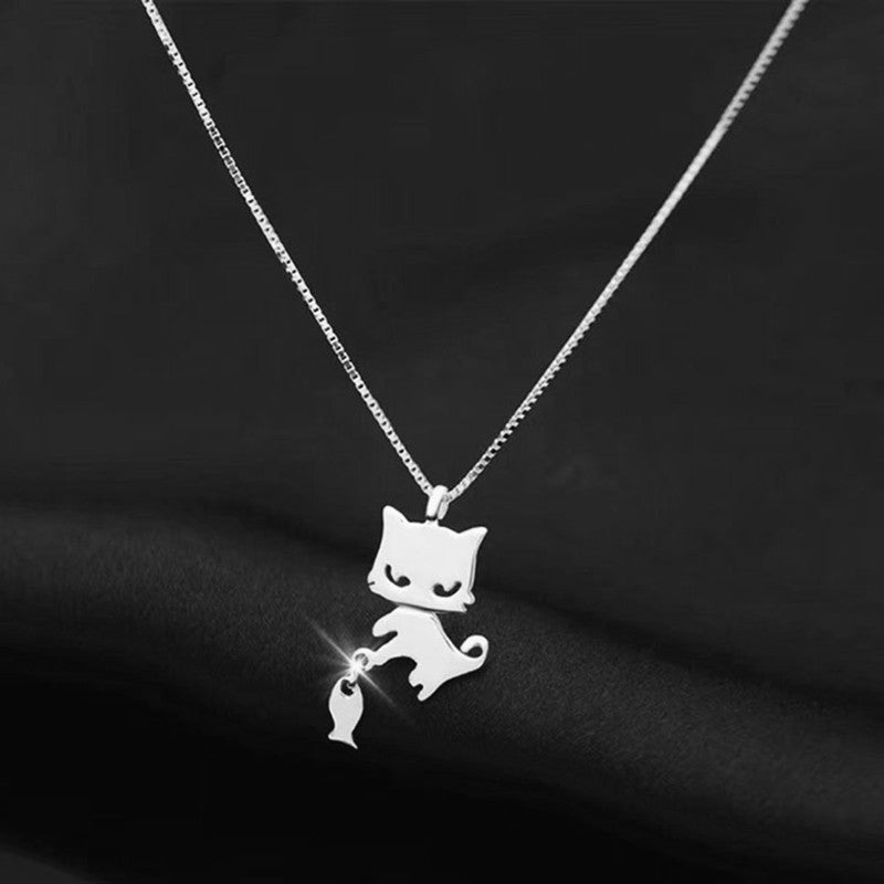 Cat Fishing Pendant Necklace