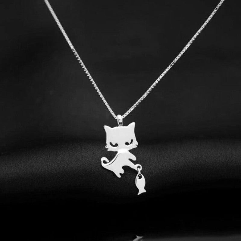 Cat Fishing Pendant Necklace